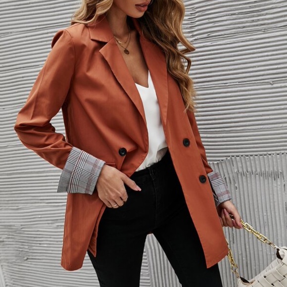 Classic Army Green Plaid Cuff Button Blazer Work - Picture 6 of 10